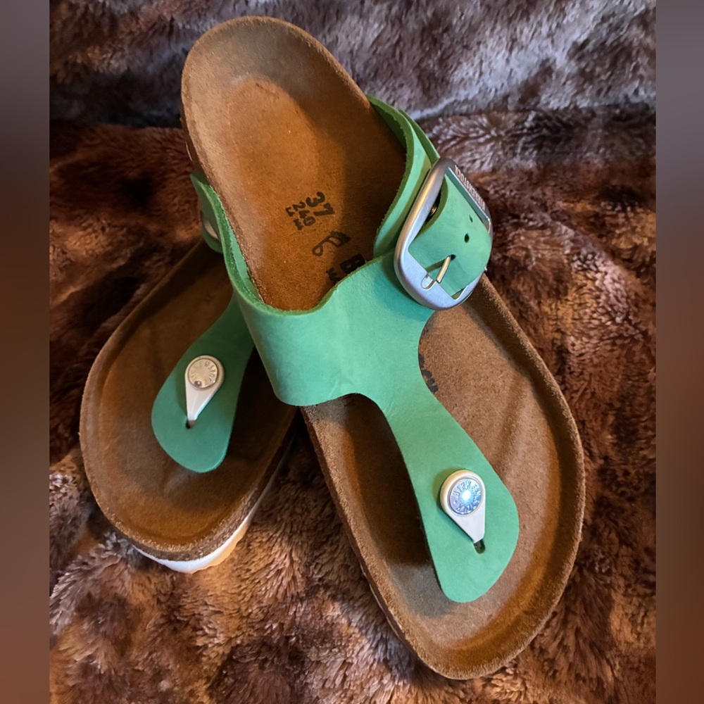 Birkenstock Green Sandals with Silver Buckle